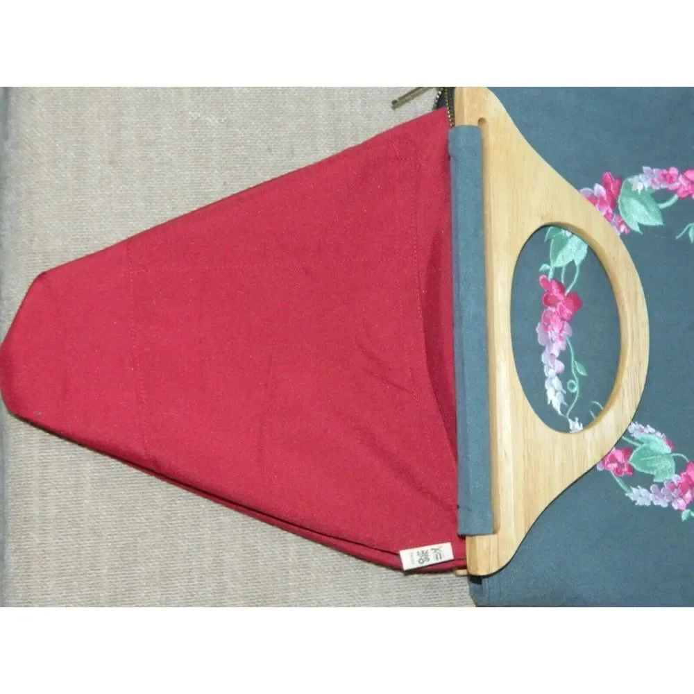 Vintage Blue Green Purse Wood Handles Pink Green‎ Floral Embroidery